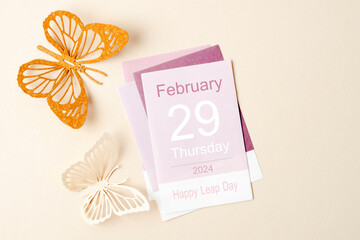 Happy Leap day Calendar page 29 February, month 2024 or 2028 and 366 days. 29th Day of february.