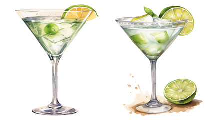 set of two glasses of gin and tonic / martini with olive  isolated on a transparent background, drink watercolor drinks clipart illustration