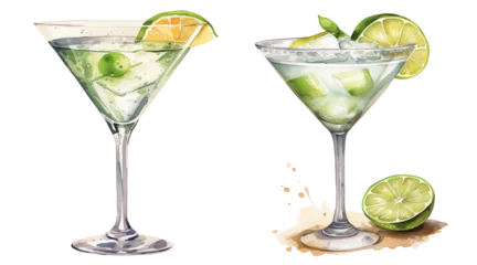 Foto op Plexiglas set of two glasses of gin and tonic / martini with olive  isolated on a transparent background, drink watercolor drinks clipart illustration © Deea Journey 