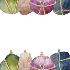 Watercolor illustration banner of different rocks wrapped with rope. For design of cards, invitations, design