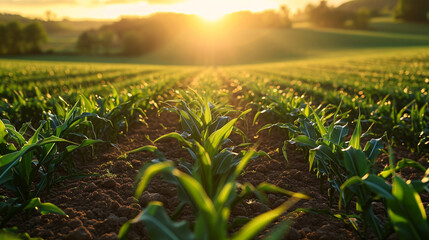 A photo of sunlit rows of cornstalks in a flourishing cornfield. 