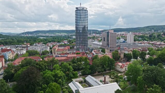 Aerial drone view of the historic old town of Jena in Thuringia, Germany . 