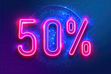 Sale and discount illuminated in neon light design for business banner symbolizing shop bright...