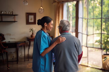 nurse helping aged man at home