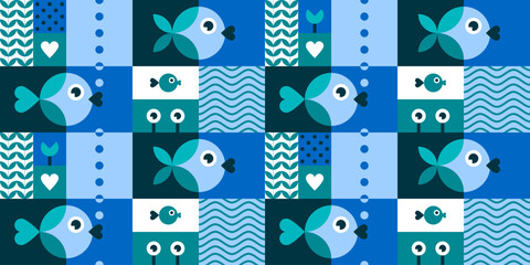 Geometric seamless pattern with fish, seaweed, elements of underwater world. Abstract modern background in minimal style for seafood, pet stores, city aquariums. Vector flat cartoon illustration - obrazy, fototapety, plakaty