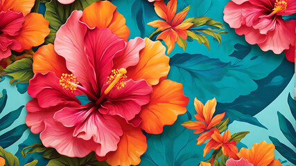 beautiful tropical floral hibiscus flower vector - obrazy, fototapety, plakaty