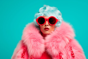 Bright portrait of a beautiful young girl with a bright fluffy hairstyle, bright pink hair and sunglasses on pink background. Fashion portrait.