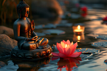 Buddha Statue With Candles In Natural Background, glowing Lotus flowers and gold buddha statue, buddha statue and lotus flower. Generative AI