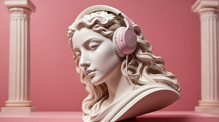 greek old sculpture using pink headphone in pink background