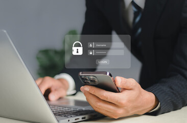 Cybersecurity and privacy concepts to protect data. Lock icon and internet network security technology. Businessmen protecting personal data on laptop and virtual interfaces..