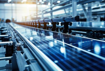 Solar panels on the production line in a modern factory. 3d rendering - obrazy, fototapety, plakaty