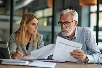 Two professional executives discussing financial accounting papers working together in office. Mature business woman manager consulting older man client holding legal documents at meeting