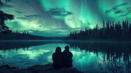 A serene moment as a couple sits by a tranquil lake under the mesmerizing dance of the aurora borealis in a starlit sky