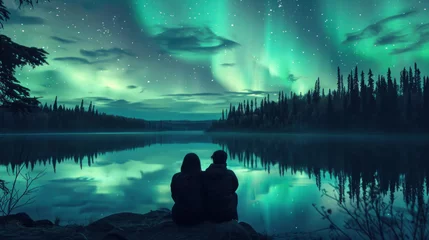 Küchenrückwand glas motiv Nordlichter A serene moment as a couple sits by a tranquil lake under the mesmerizing dance of the aurora borealis in a starlit sky