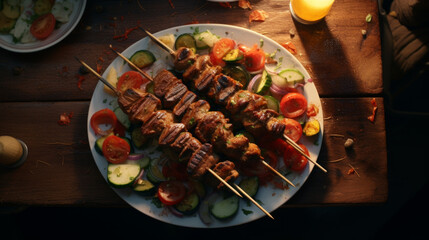 A plate of flavorful shish kebabs, grilled with tender chunks of meat and vegetables