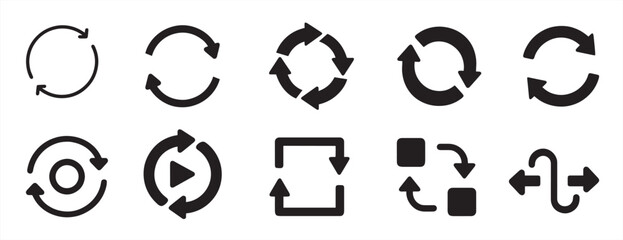 Sync process icon set. Sync processing icons. Circle arrow. Recycling recurrence. Renewal. Flat icon reload set