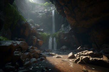 Explore a stunning waterfall flowing into a secret cave with Unreal Engine 5's wide angle and depth of field. Generative AI