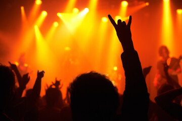 Fototapeta premium Nightclub, concert and audience with rock or sign for music, band and rave festival with silhouette, dancing or show. Disco, live event and performance with entertainment, crowd and rear view gesture
