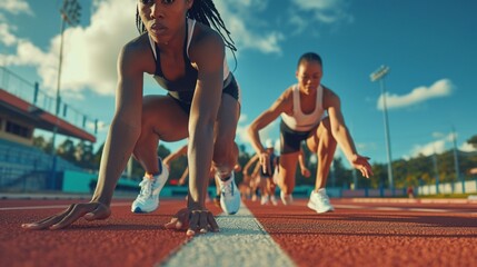 Women are getting ready to run on the track with the text 2024 in New Year's Start concept. start the new year 2024 and reach new goals and achievements.planning,challenge, new year resolution photogr - obrazy, fototapety, plakaty