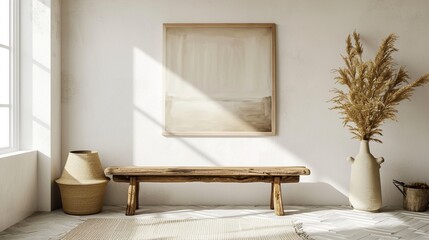 Wooden bench against white wall with poster frame. Ethnic farmhouse interior design of modern entrance hall. photography