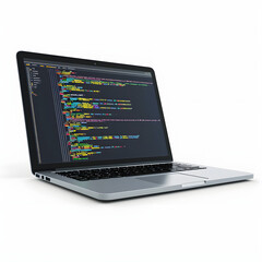 Laptop computer with a coding interface isolated on white background, minimalism, png
