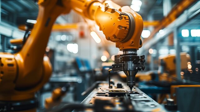 Intricate Industrial Automation: Detailed View of a Yellow Robotic Arm Assembling Products in a Modern, Well-Equipped Manufacturing Plant