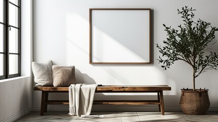 Wooden bench against white wall with poster frame. Ethnic farmhouse interior design of modern entrance hall. photography