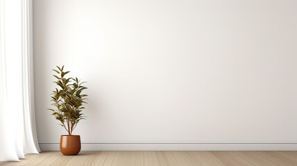 lant against a white wall mockup. White wall mockup with brown curtain, plant and wood floor, Small vertical wooden frame mockup, Generative Ai