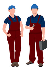 Male and female technician. Realistic electrician with their toolkit.   