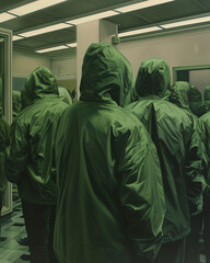 Group of People in Green Hoodies Standing in a Room With Reflective Surfaces - obrazy, fototapety, plakaty