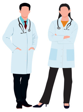 Set of male and female characters of doctors. Surgeons, doctors, nurses. Conceptual illustration, hospital medical team, poster. Vector template for design