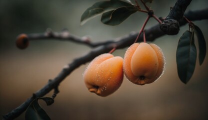 A closeup of a couple of apricots hanging