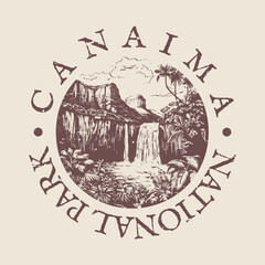 Canaima, Bolívar, Venezuela Illustration Clip Art Design Shape. National Park Vintage Icon Vector Stamp. - obrazy, fototapety, plakaty