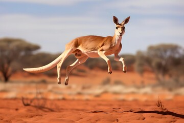 Iconic Australian Marsupial: Red Kangaroo in Mid-Air - obrazy, fototapety, plakaty