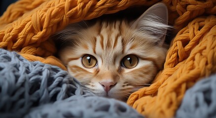A cozy domestic cat with orange fur and curious whiskers lays peacefully under a warm blanket, its head resting in slumber as its innocent eyes peek out from beneath - obrazy, fototapety, plakaty