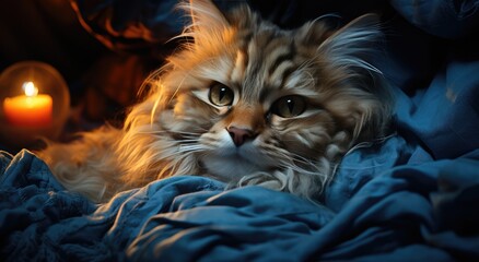 A domestic felidae lounges gracefully on a soft blanket, its whiskers twitching with contentment as it basks in the warmth of its indoor home - obrazy, fototapety, plakaty