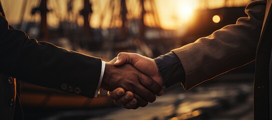 A man's wrist adorned with stylish clothing meets another's in a powerful outdoor handshake, showcasing the strength and connection between two individuals - obrazy, fototapety, plakaty