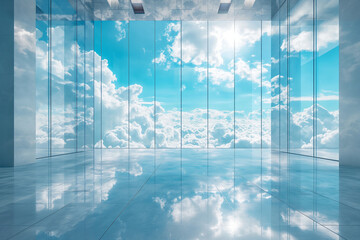 Empty room with blue sky and white clouds. 3D Rendering