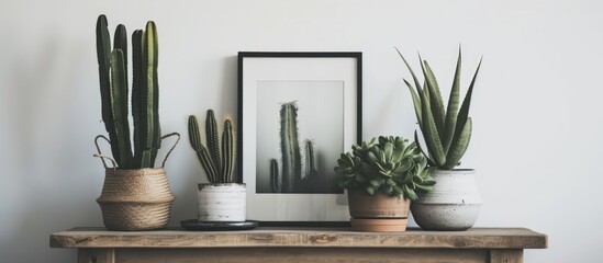 Scandinavian-style home decor with framed poster and cactus on table. - obrazy, fototapety, plakaty