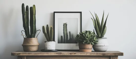 Gordijnen Scandinavian-style home decor with framed poster and cactus on table. © 2rogan