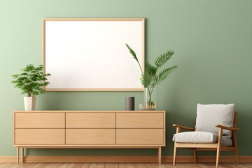 wall with empty mockup in wooden frame over wooden table with potted plant & chair.
