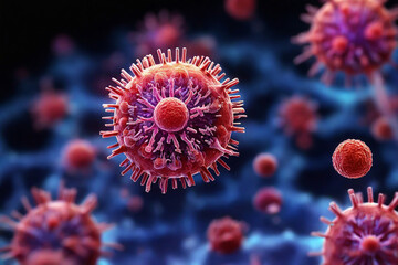 Obraz na płótnie Canvas 3D illustration of a virus in blue blood cells, viral disease concept