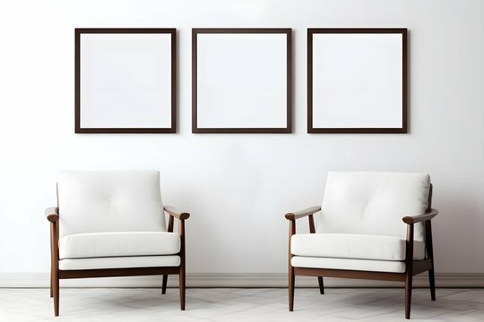 interior with white walls with white wooden chairs and three mockup blank picture frames