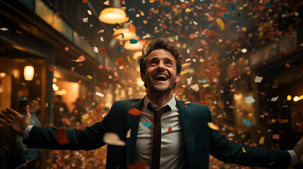 Fototapeta premium Happy man laughing among confetti.