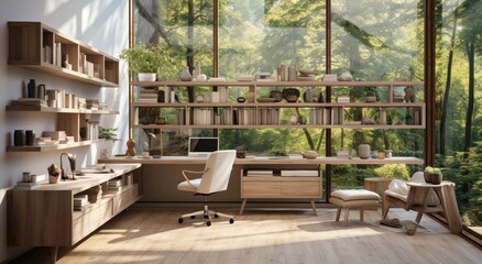 An inviting study nook in a cozy home, with natural light streaming through a large window and a lush houseplant perched on a sleek desk surrounded by wooden shelves and a comfortable chair - obrazy, fototapety, plakaty