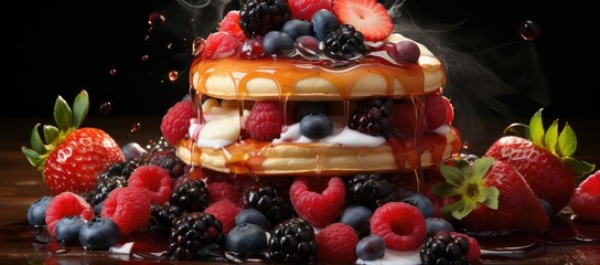 Indulge in a symphony of sweet sensations with a tower of fluffy pancakes topped with a vibrant medley of juicy berries, drizzled with rich syrup, and crowned with a slice of tutti frutti fruit cake