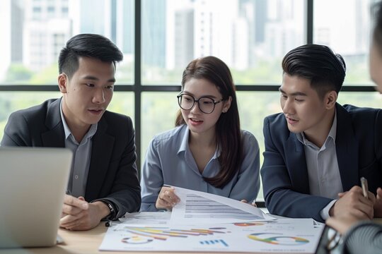 Young Asian account manager advisor lawyer showing paper documents to Latin client partner, diverse professional colleagues discussing tax financial contract papers working in office at meeting