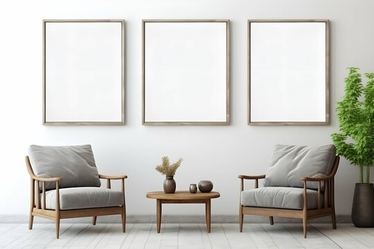 mockup picture frame on wall in minimalist bright interior with armchair, small table and houseplant