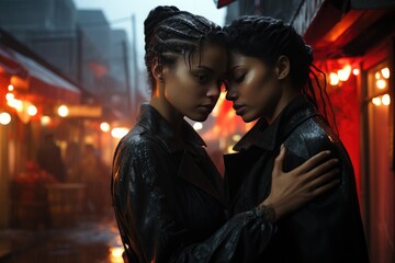 Two women share a passionate kiss in the pouring rain, their black hair glistening against their dark clothing as they stand on a lonely street