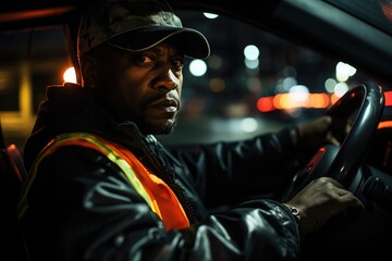 A rugged man, clad in a leather jacket, navigates the busy street in his car, his determined expression mirroring the chaos of the urban landscape